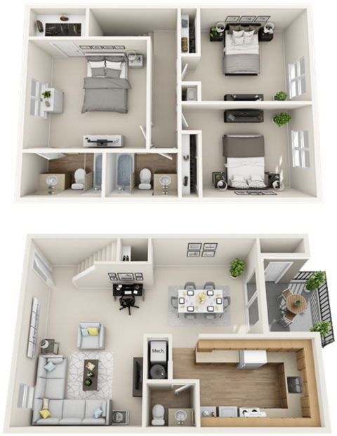 a 3d floor plan of a house with a bedroom and a living room